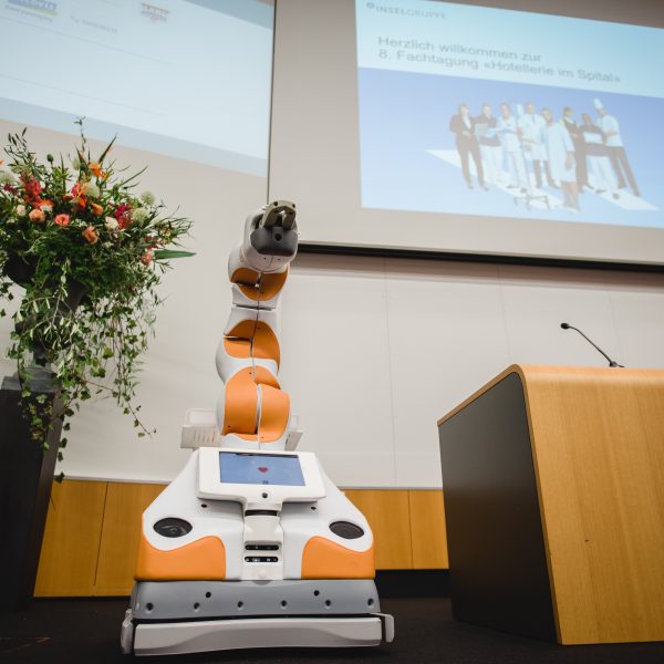 Care robot Lio gives a speech